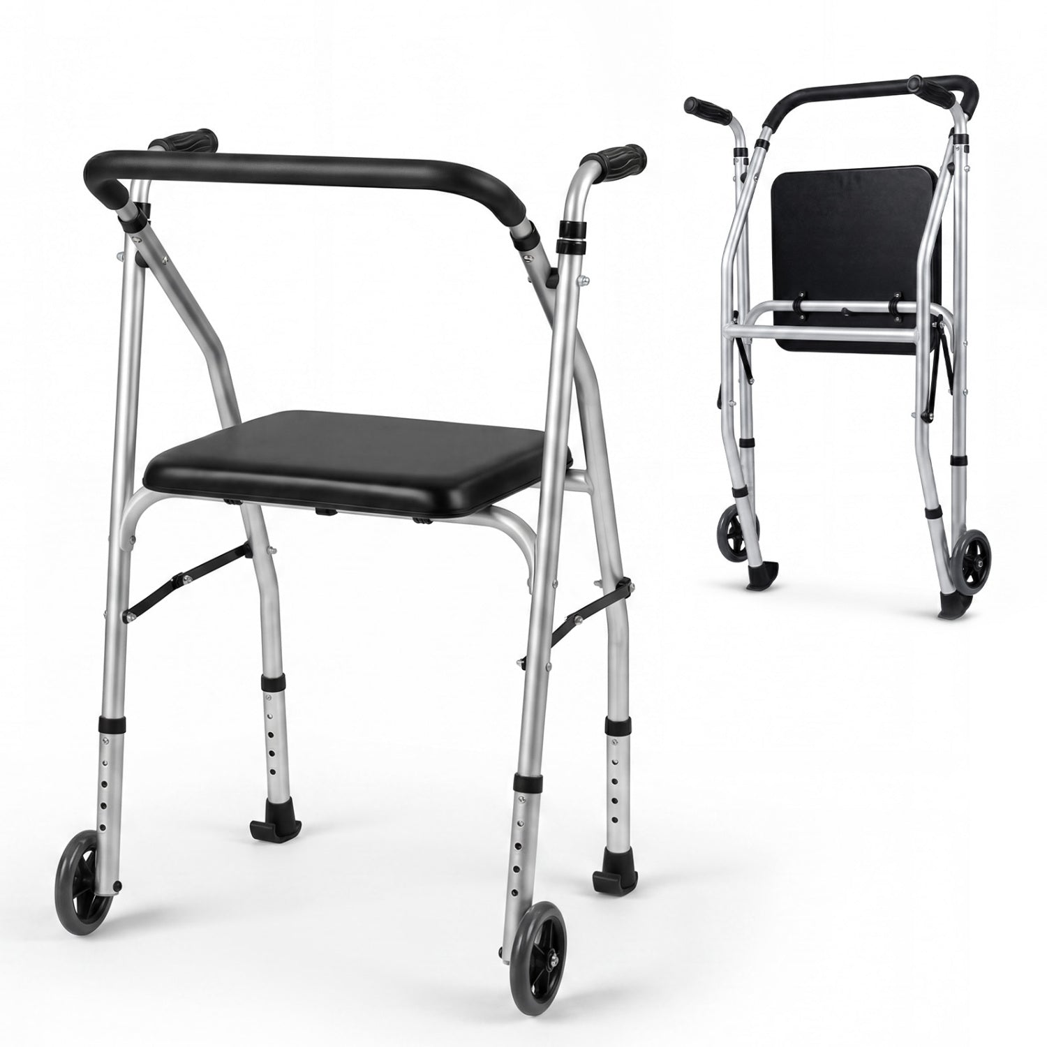 Lightweight Aluminum Walker, 2 Wheels, Adjustable Height, Padded Seat, Silver Walkers & Rollators at Gallery Canada
