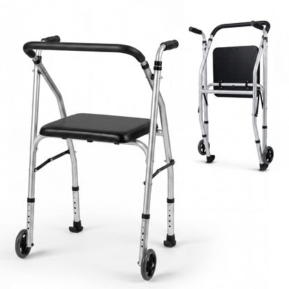 Lightweight Aluminum Walker, 2 Wheels, Adjustable Height, Padded Seat, Silver Walkers & Rollators at Gallery Canada