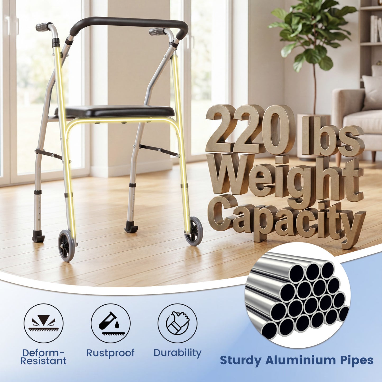 Lightweight Aluminum Walker, 2 Wheels, Adjustable Height, Padded Seat, Silver Walkers & Rollators at Gallery Canada
