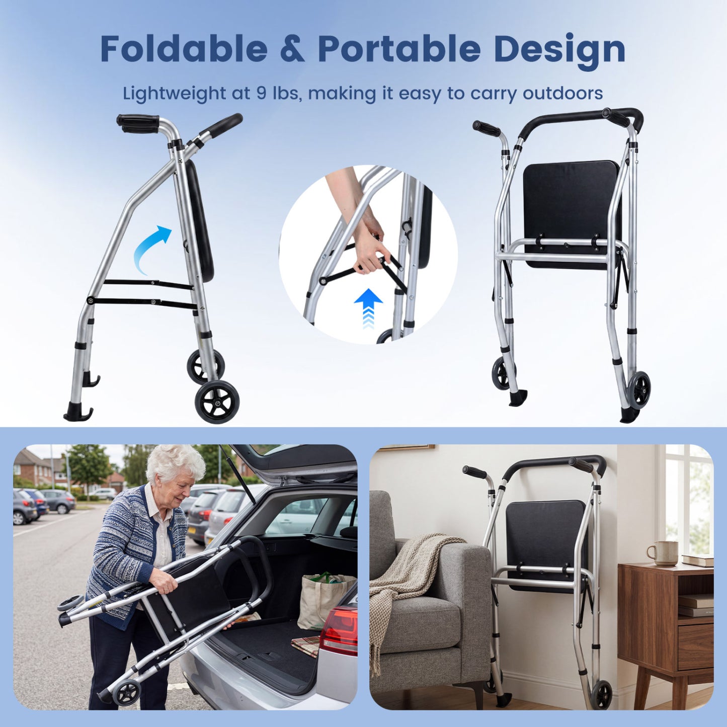 Lightweight Aluminum Walker, 2 Wheels, Adjustable Height, Padded Seat, Silver Walkers & Rollators at Gallery Canada