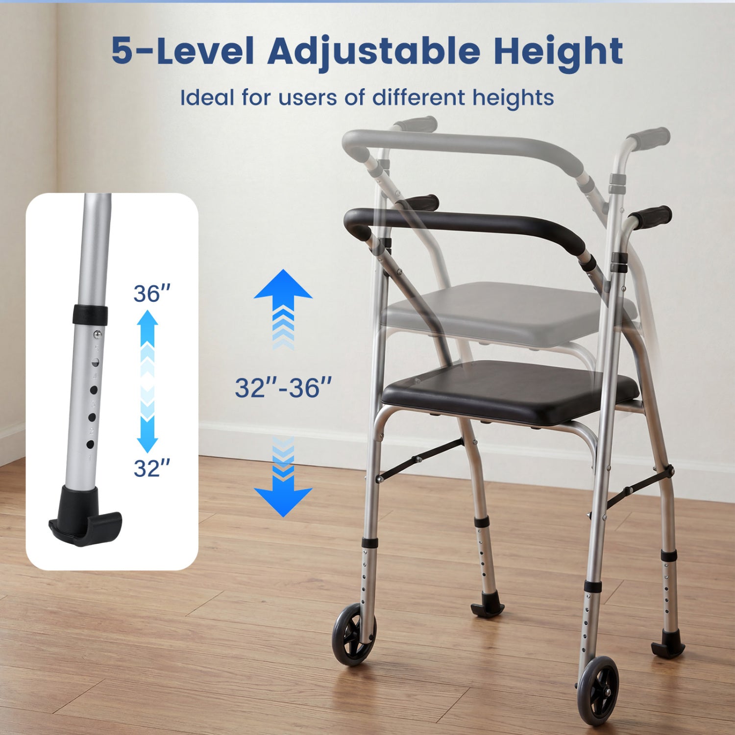 Lightweight Aluminum Walker, 2 Wheels, Adjustable Height, Padded Seat, Silver Walkers & Rollators at Gallery Canada