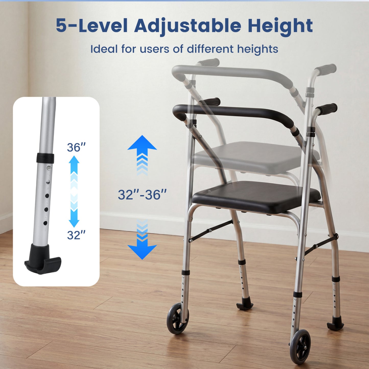 Lightweight Aluminum Walker, 2 Wheels, Adjustable Height, Padded Seat, Silver Walkers & Rollators at Gallery Canada