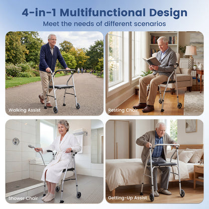 Lightweight Aluminum Walker, 2 Wheels, Adjustable Height, Padded Seat, Silver Walkers & Rollators at Gallery Canada