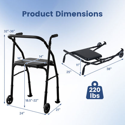 Aluminum Mobility Walker, 2 Wheels, Adjustable Height, Padded Seat, Black Walkers & Rollators at Gallery Canada