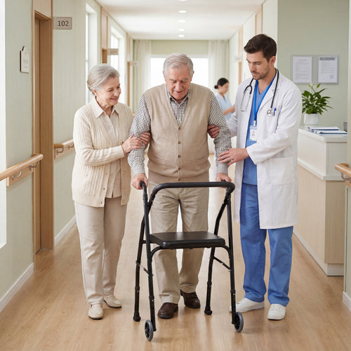 Aluminum Mobility Walker, 2 Wheels, Adjustable Height, Padded Seat, Black