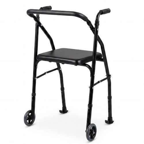 Aluminum Mobility Walker, 2 Wheels, Adjustable Height, Padded Seat, Black