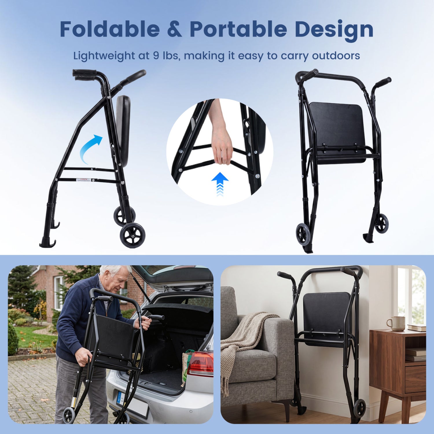 Aluminum Mobility Walker, 2 Wheels, Adjustable Height, Padded Seat, Black Walkers & Rollators at Gallery Canada