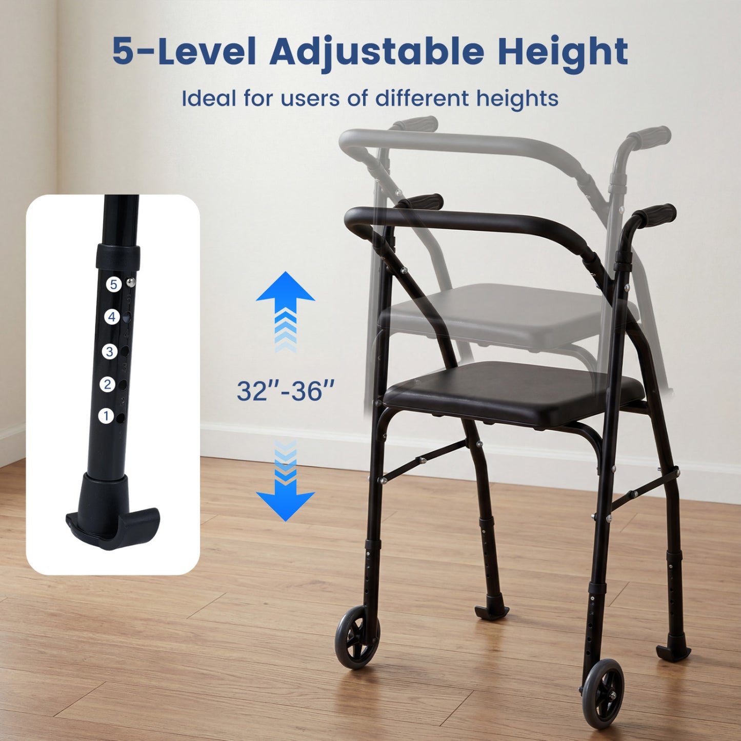 Aluminum Mobility Walker, 2 Wheels, Adjustable Height, Padded Seat, Black Walkers & Rollators at Gallery Canada