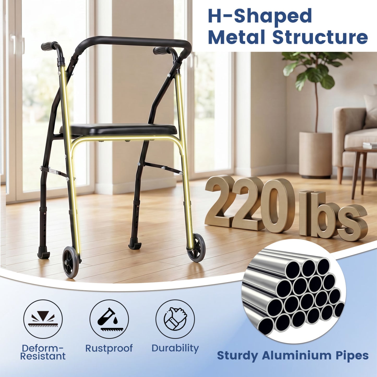 Aluminum Mobility Walker, 2 Wheels, Adjustable Height, Padded Seat, Black Walkers & Rollators at Gallery Canada