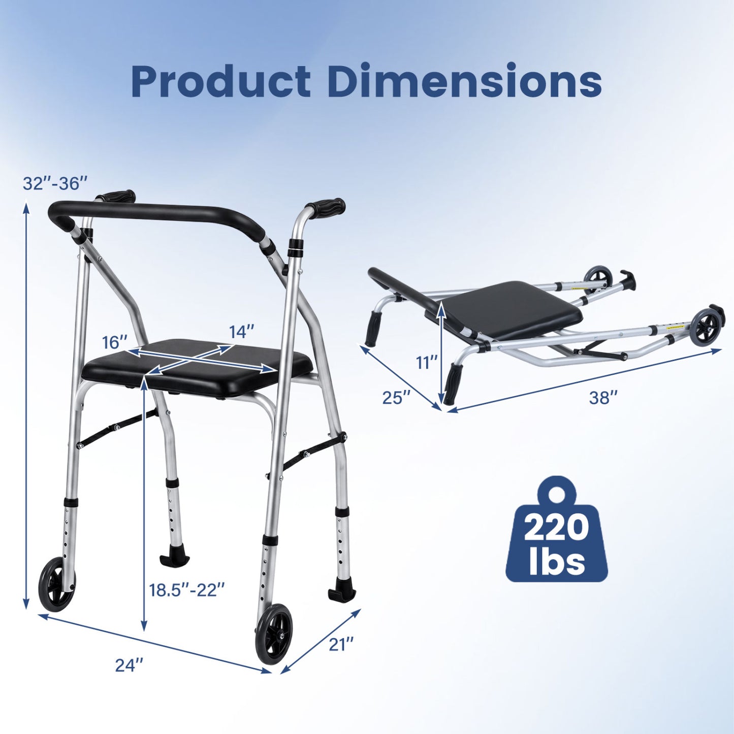 Lightweight Aluminum Walker, 2 Wheels, Adjustable Height, Padded Seat, Silver Walkers & Rollators at Gallery Canada