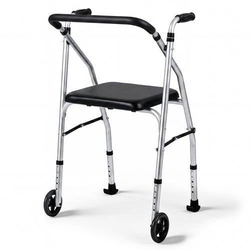 Lightweight Aluminum Walker, 2 Wheels, Adjustable Height, Padded Seat, Silver