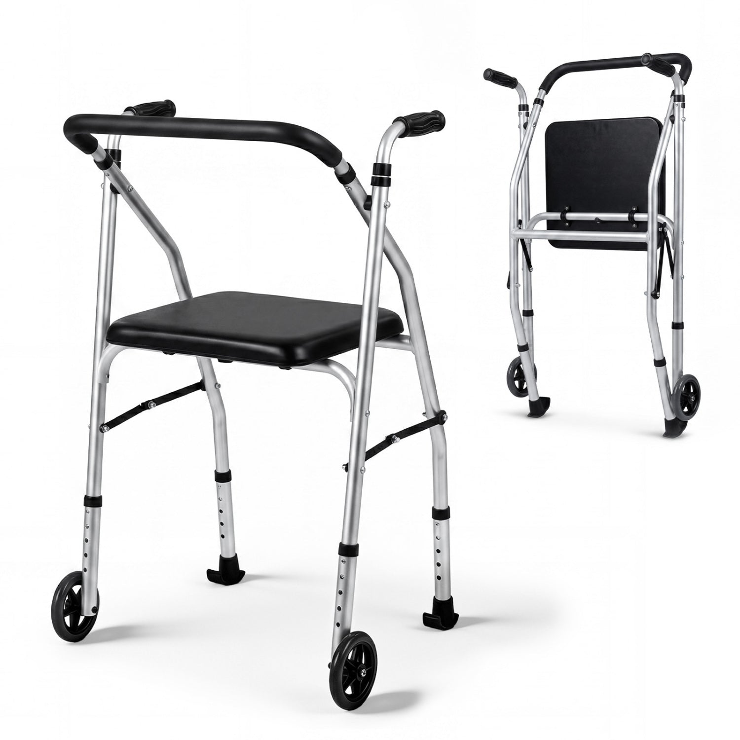 Lightweight Aluminum Walker, 2 Wheels, Adjustable Height, Padded Seat, Silver Walkers & Rollators at Gallery Canada