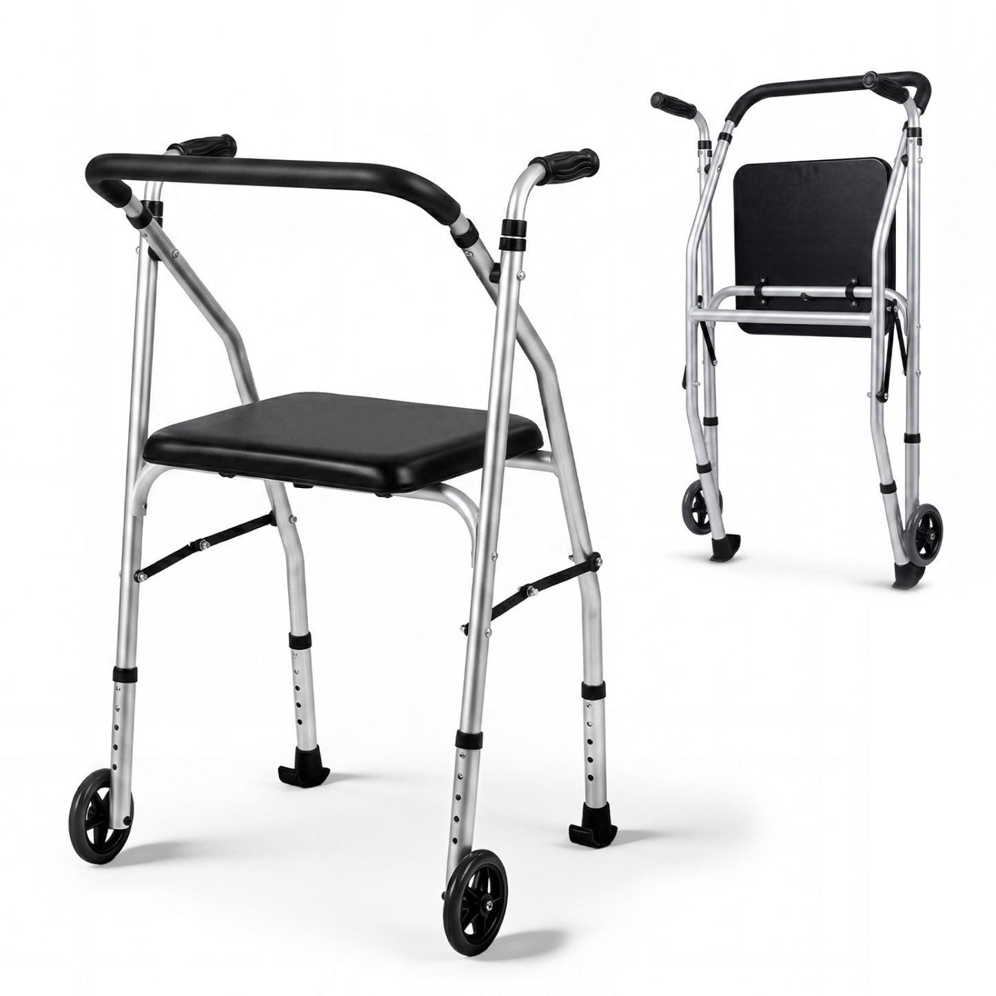 Lightweight Aluminum Walker, 2 Wheels, Adjustable Height, Padded Seat, Silver Walkers & Rollators at Gallery Canada