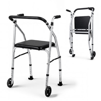 Lightweight Aluminum Walker, 2 Wheels, Adjustable Height, Padded Seat, Silver Walkers & Rollators at Gallery Canada
