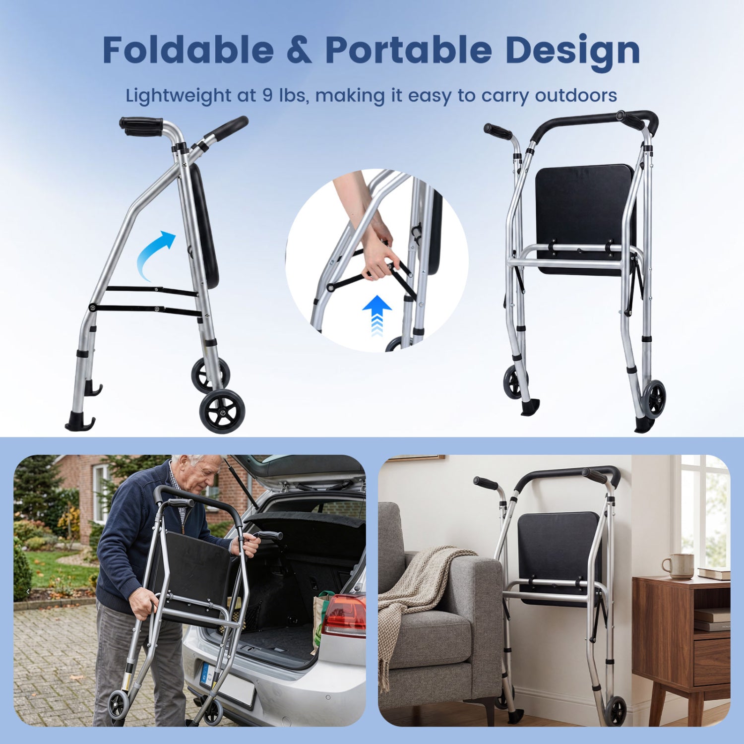 Lightweight Aluminum Walker, 2 Wheels, Adjustable Height, Padded Seat, Silver Walkers & Rollators at Gallery Canada
