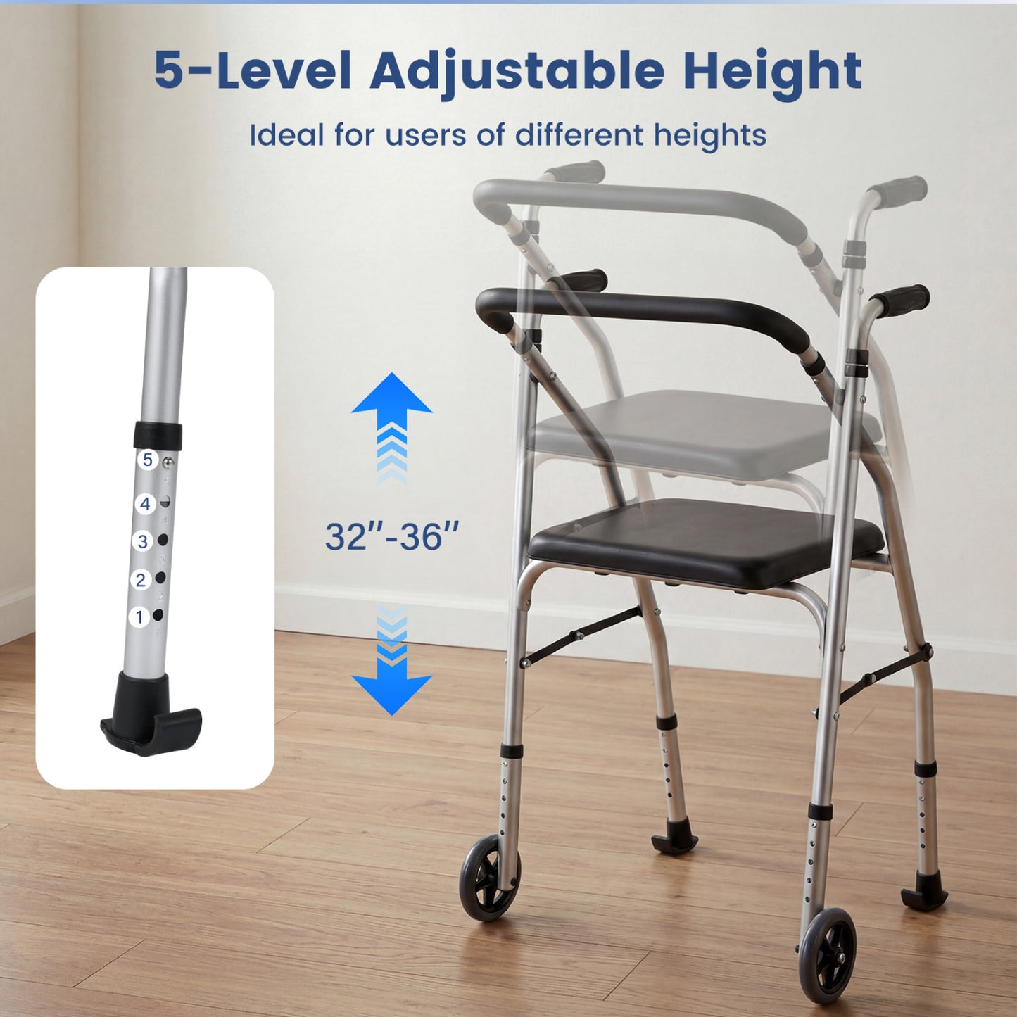 Lightweight Aluminum Walker, 2 Wheels, Adjustable Height, Padded Seat, Silver Walkers & Rollators at Gallery Canada