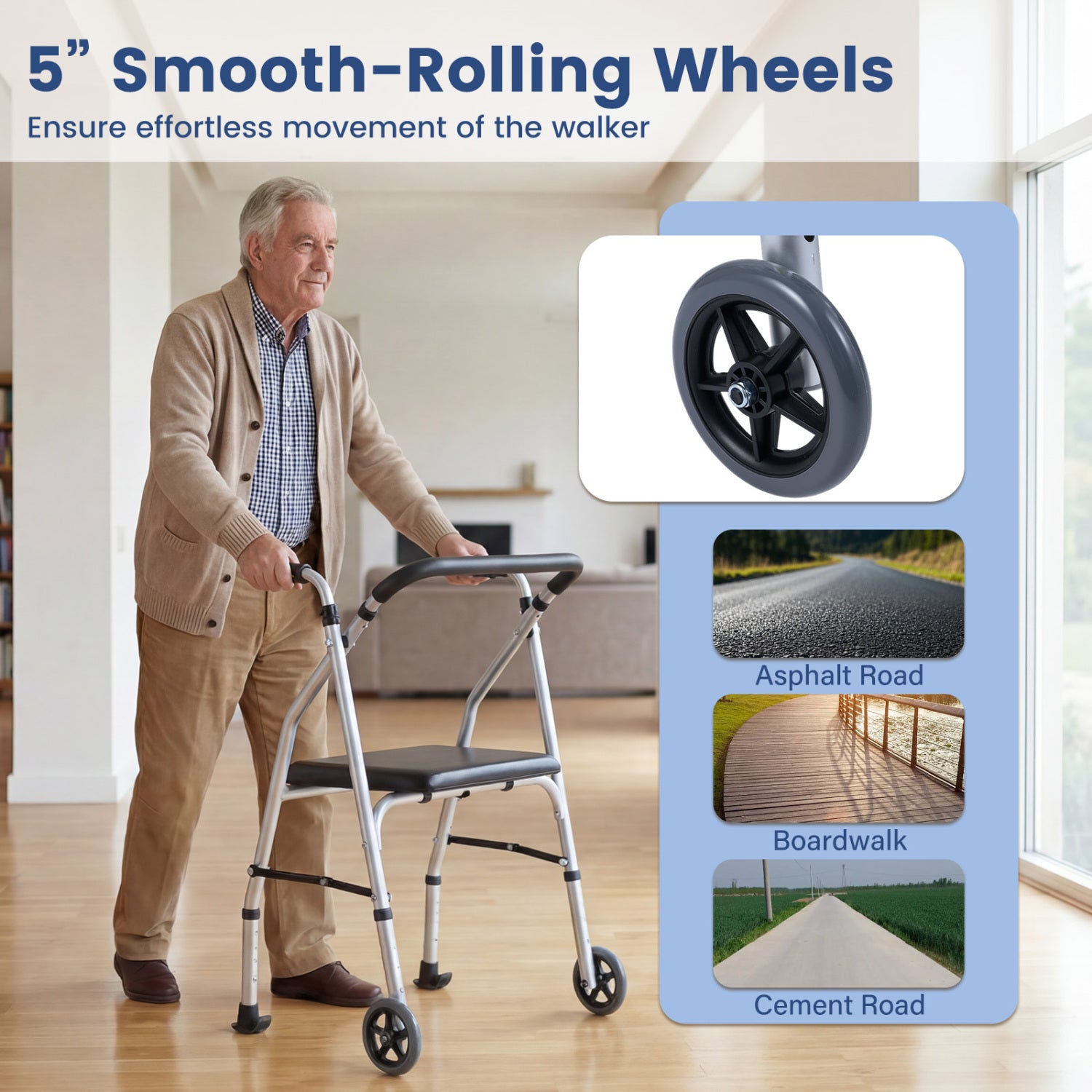 Lightweight Aluminum Walker, 2 Wheels, Adjustable Height, Padded Seat, Silver Walkers & Rollators at Gallery Canada