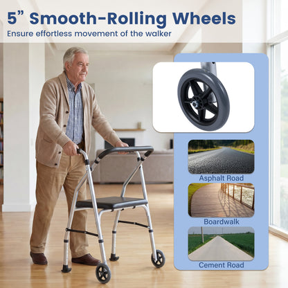 Lightweight Aluminum Walker, 2 Wheels, Adjustable Height, Padded Seat, Silver Walkers & Rollators at Gallery Canada
