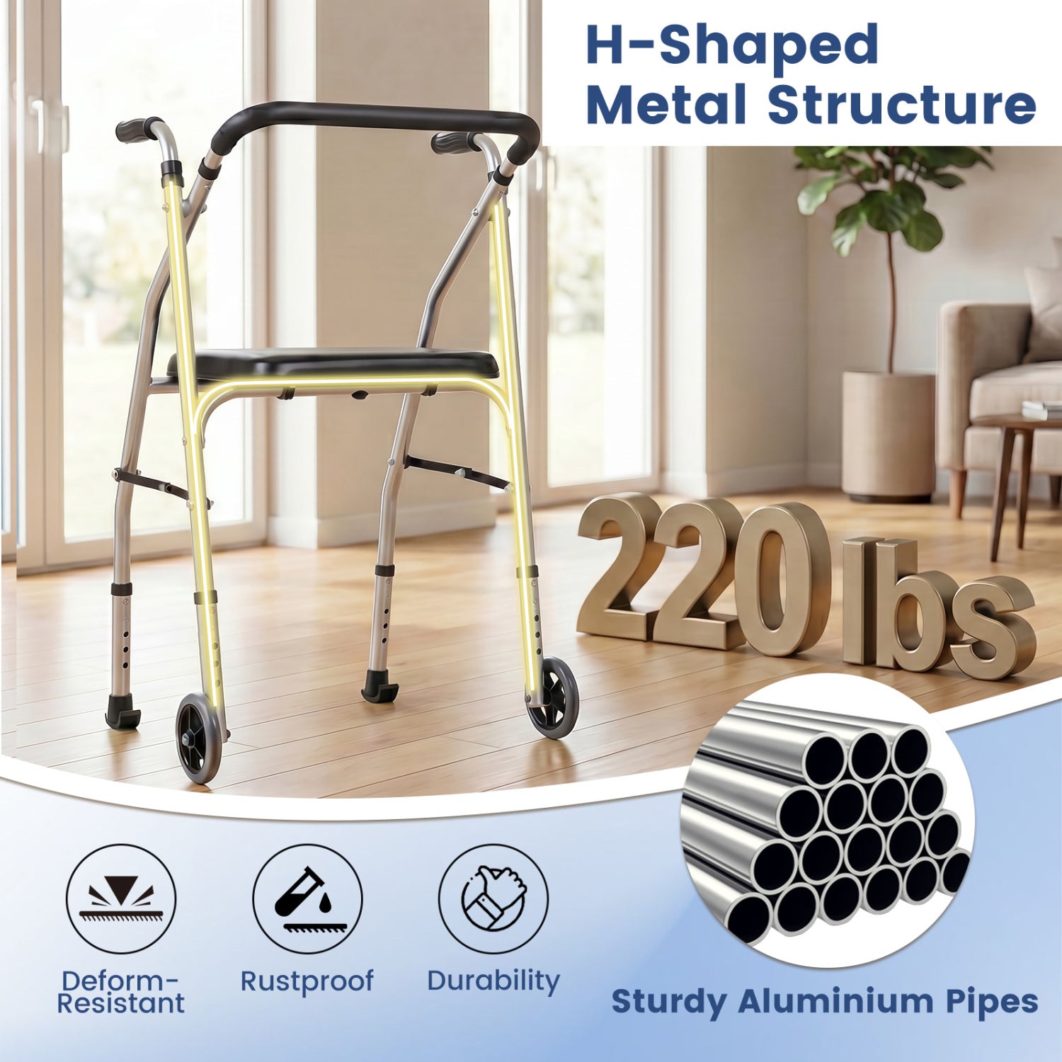 Lightweight Aluminum Walker, 2 Wheels, Adjustable Height, Padded Seat, Silver Walkers & Rollators at Gallery Canada