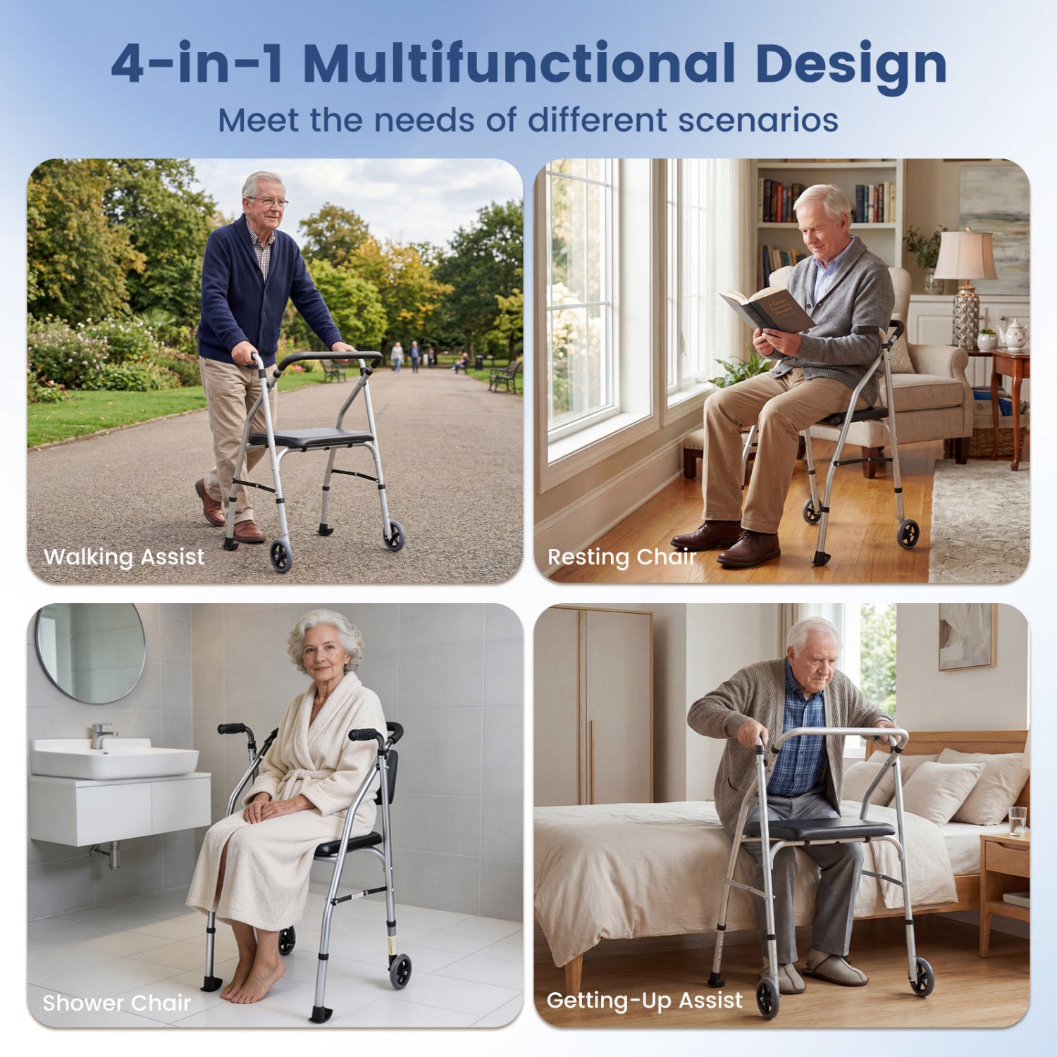 Lightweight Aluminum Walker, 2 Wheels, Adjustable Height, Padded Seat, Silver Walkers & Rollators at Gallery Canada