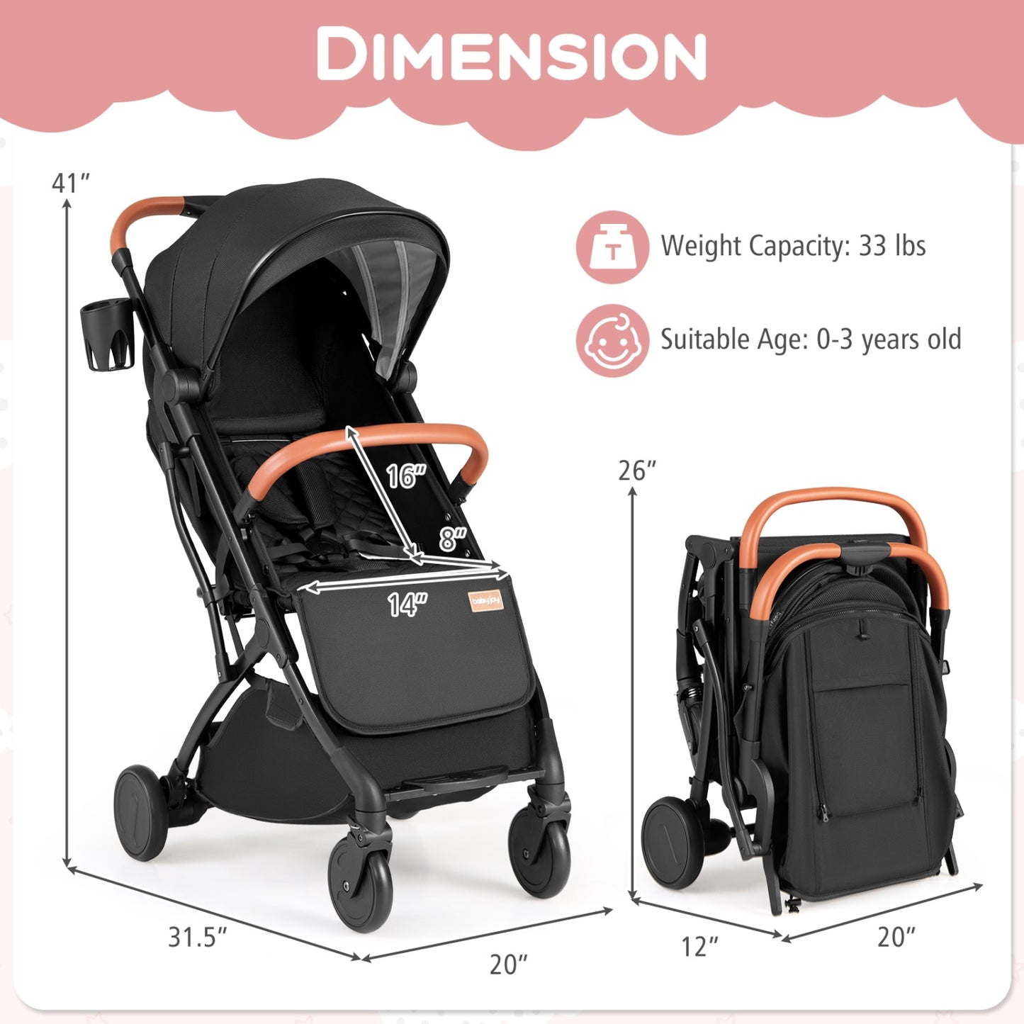 Compact Travel Stroller with One-Hand Folding, Black