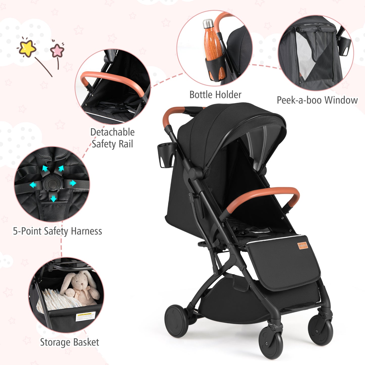 Compact Travel Stroller with One-Hand Folding, Black