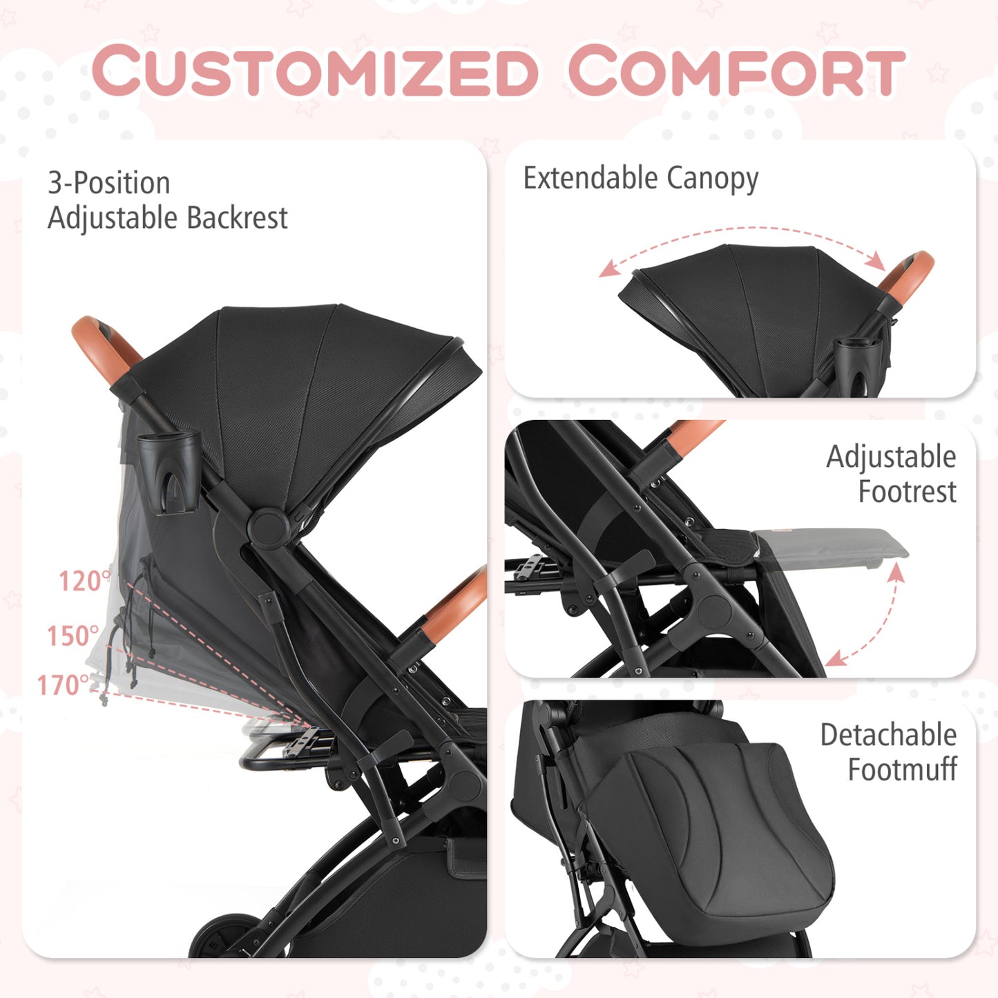 Compact Travel Stroller with One-Hand Folding, Black