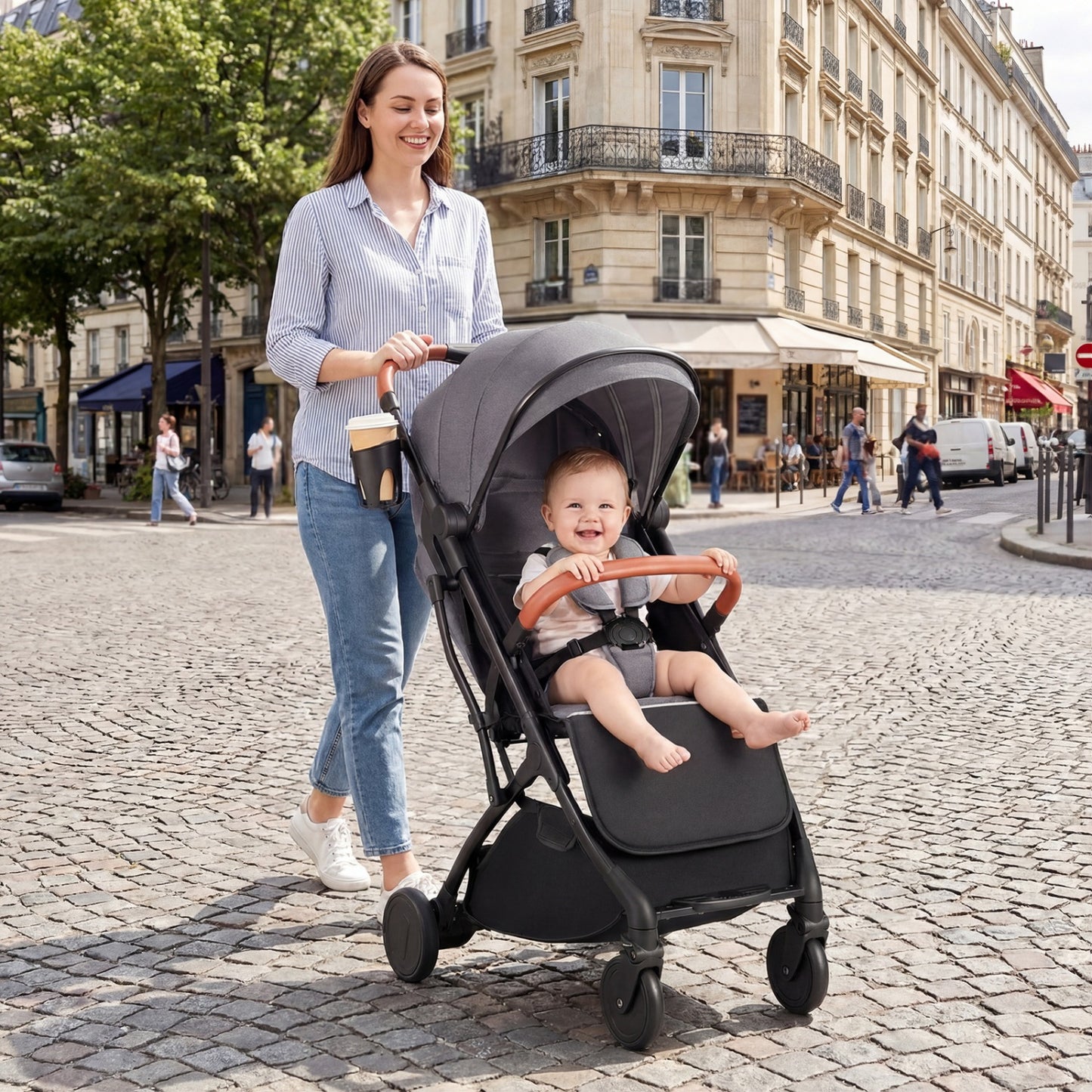 Compact Baby Stroller, One-Hand Fold, Gray