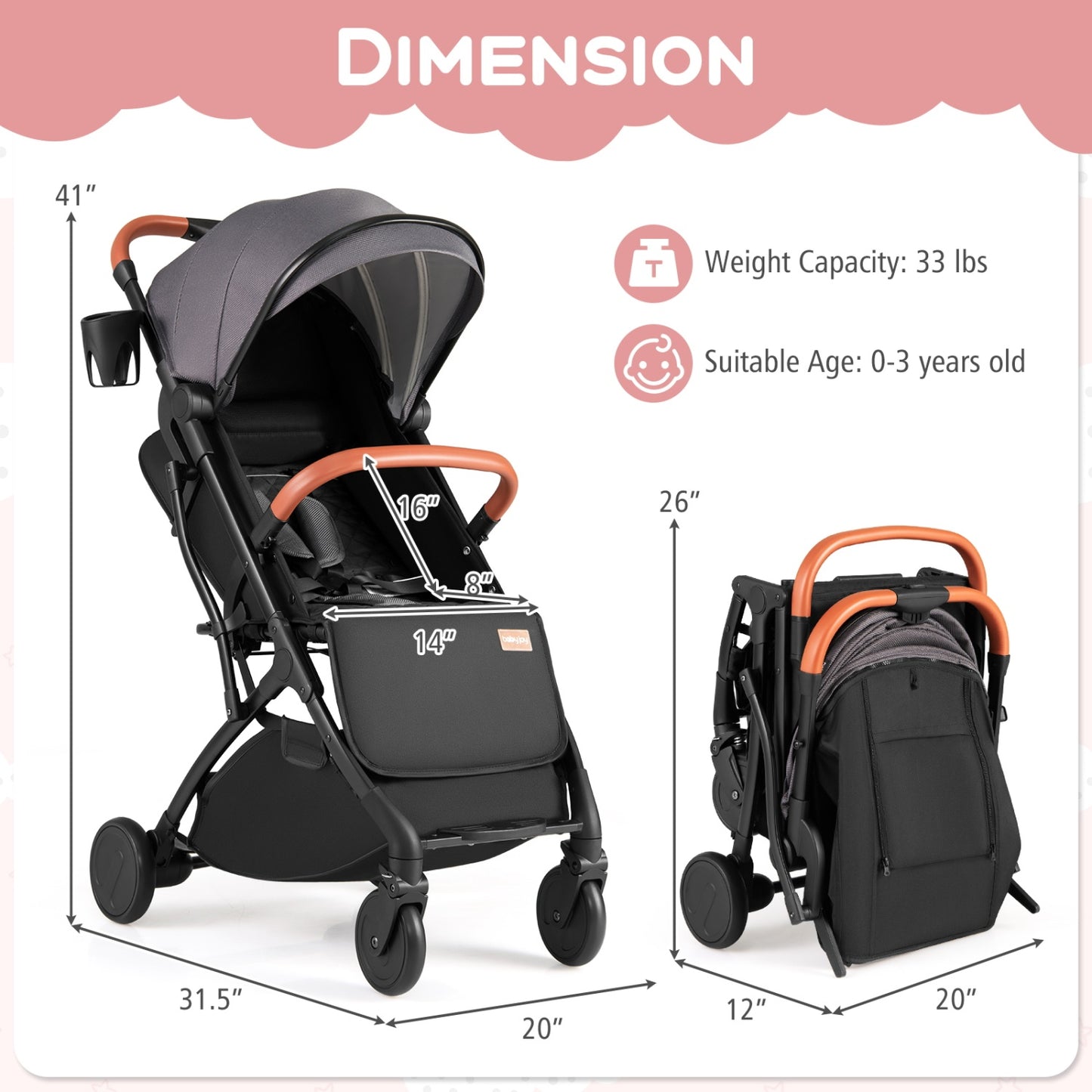 Compact Baby Stroller, One-Hand Fold, Gray