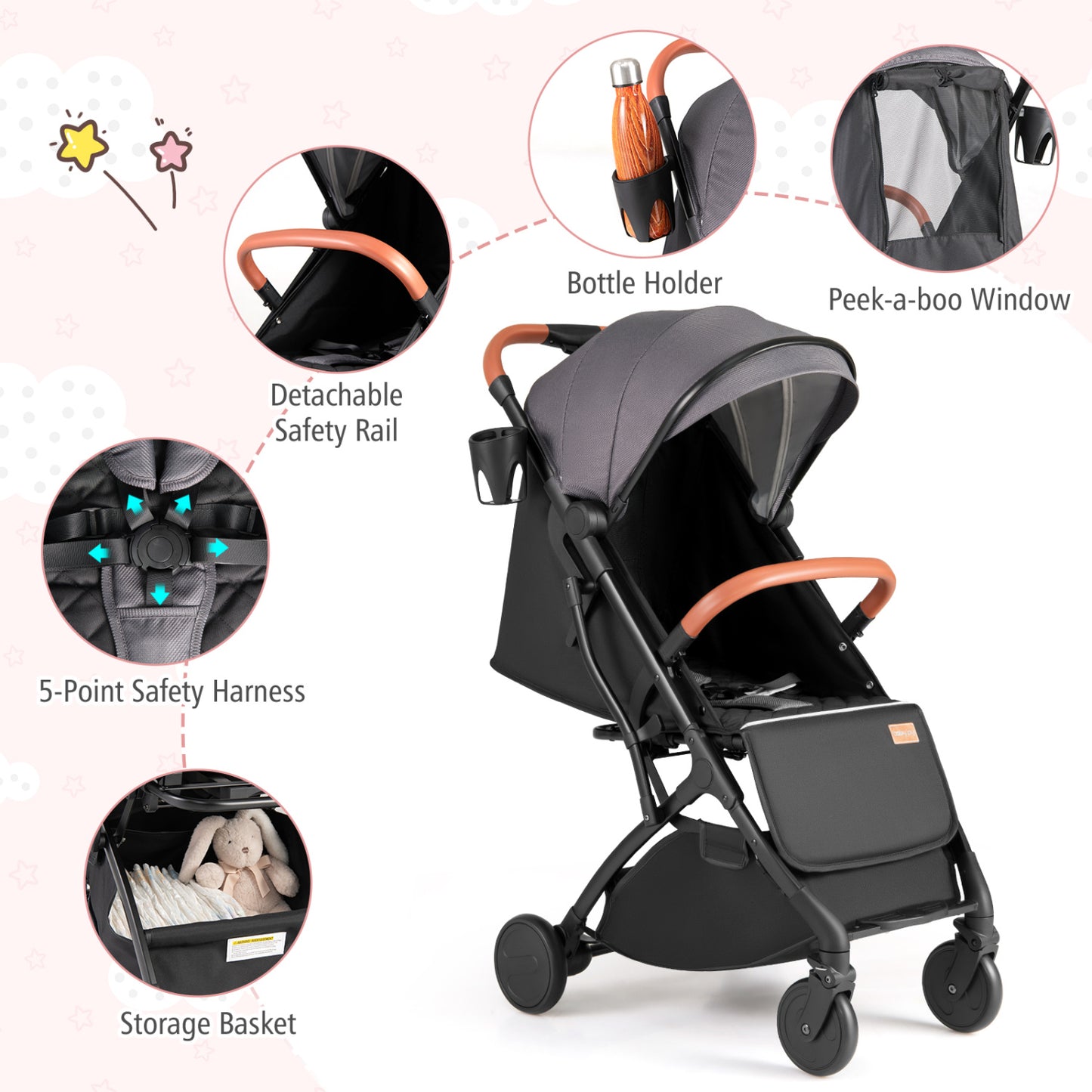 Compact Baby Stroller, One-Hand Fold, Gray