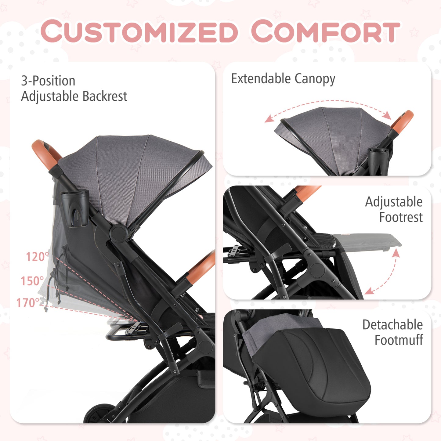 Compact Baby Stroller, One-Hand Fold, Gray