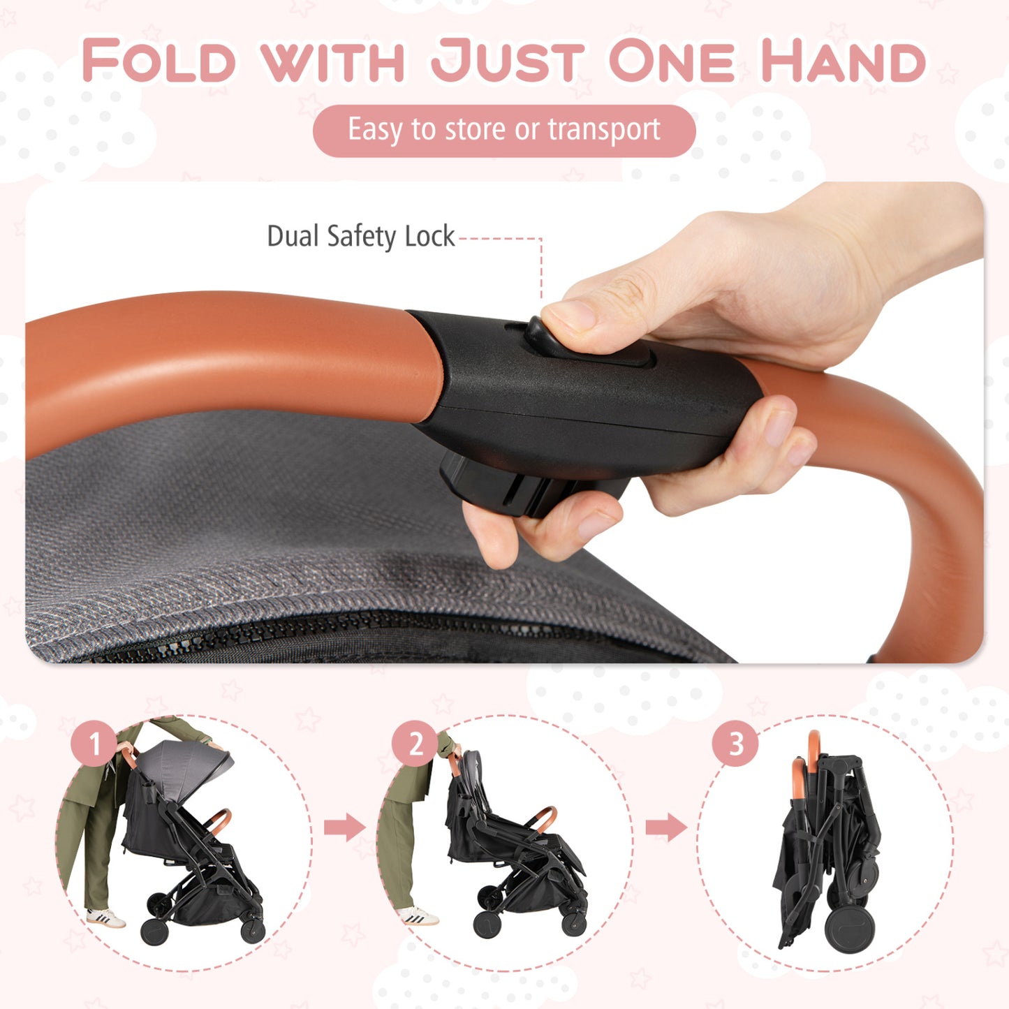 Compact Baby Stroller, One-Hand Fold, Gray