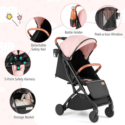 Lightweight Baby Stroller, Compact Travel, One-Hand Fold, Pink