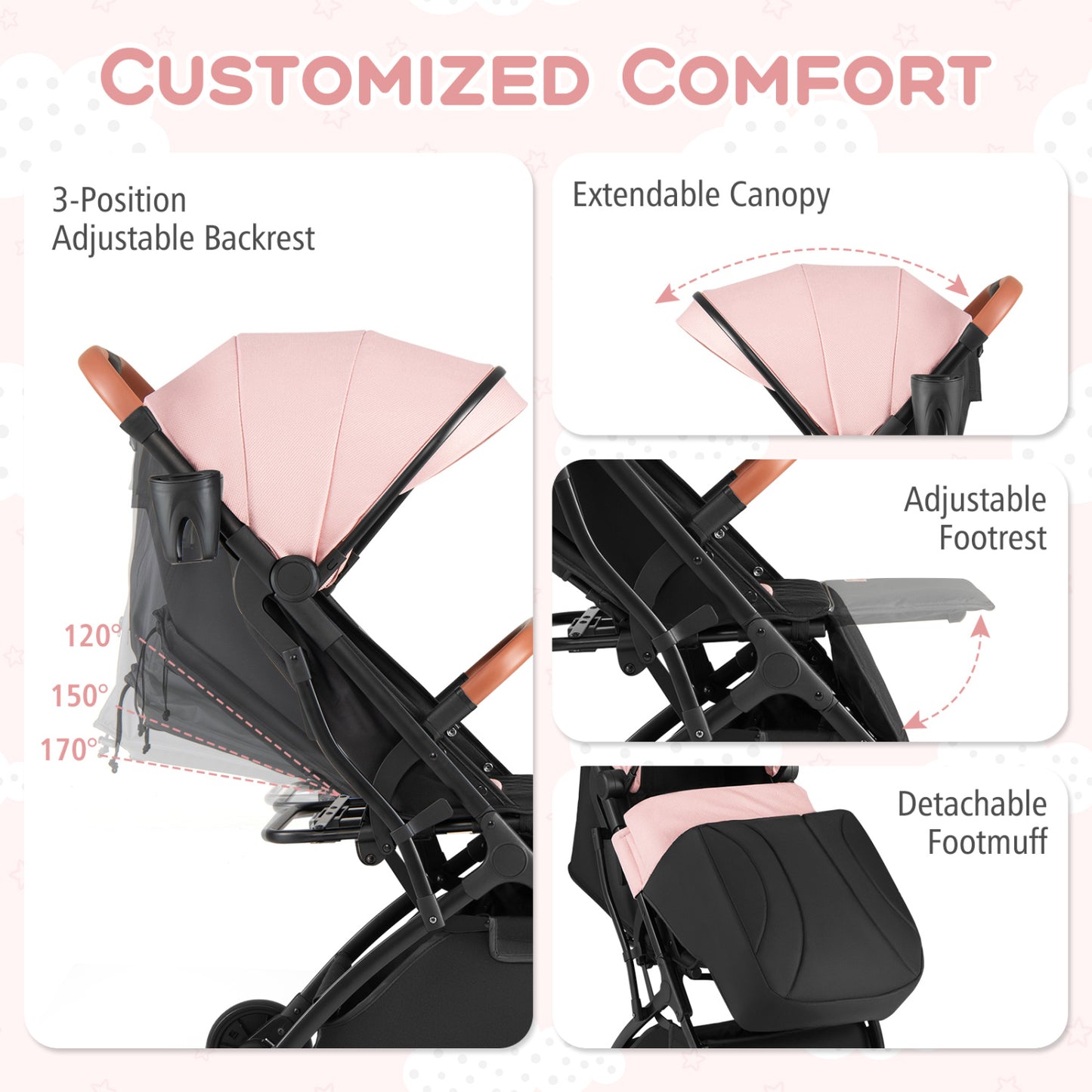 Lightweight Baby Stroller, Compact Travel, One-Hand Fold, Pink