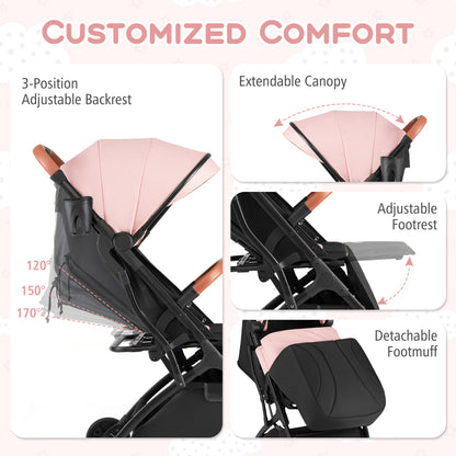 Lightweight Baby Stroller, Compact Travel, One-Hand Fold, Pink