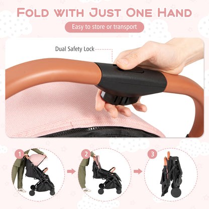 Lightweight Baby Stroller, Compact Travel, One-Hand Fold, Pink