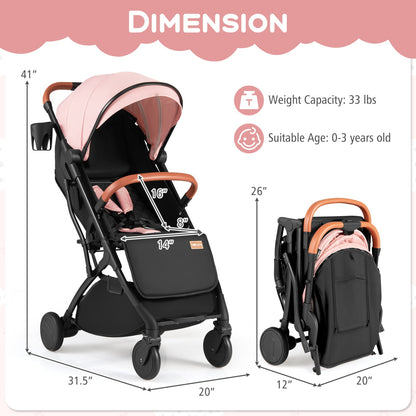 Lightweight Baby Stroller, Compact Travel, One-Hand Fold, Pink