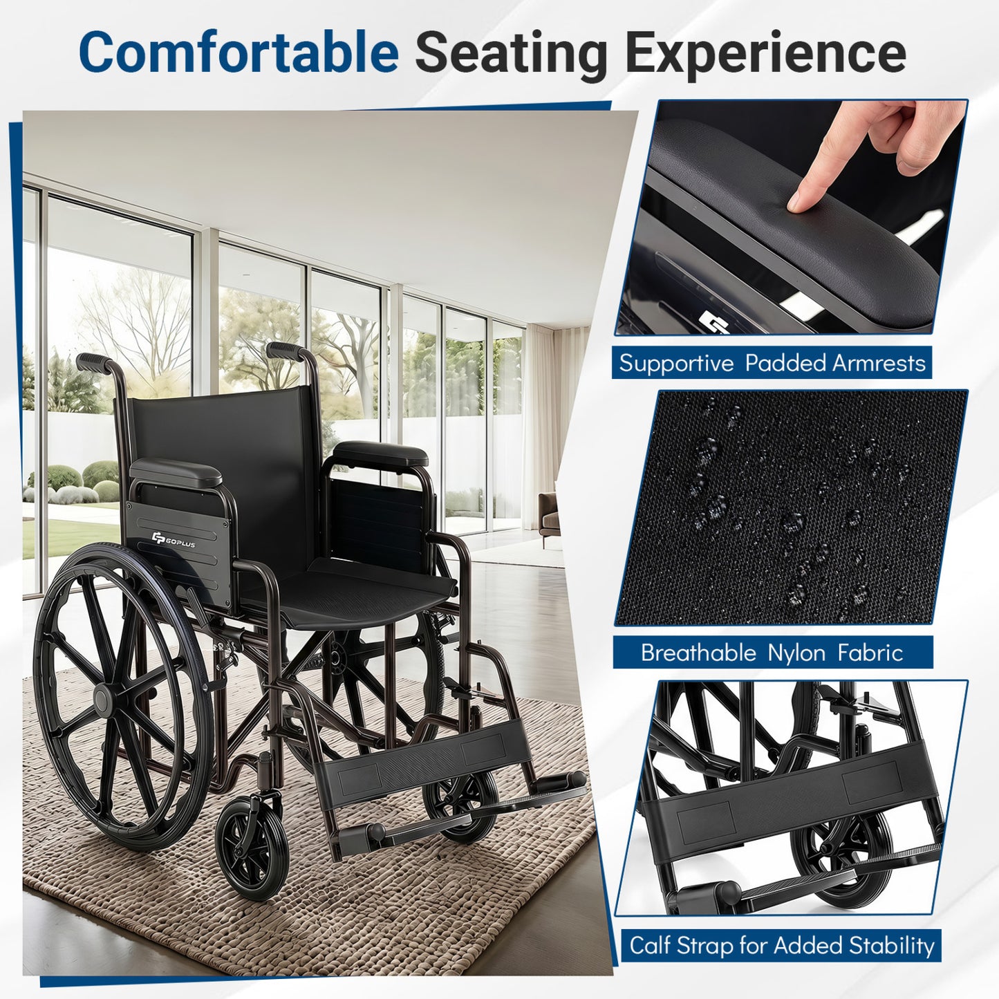 Fauteuil roulant pliant pour adultes, repose-pieds escamotable, noir