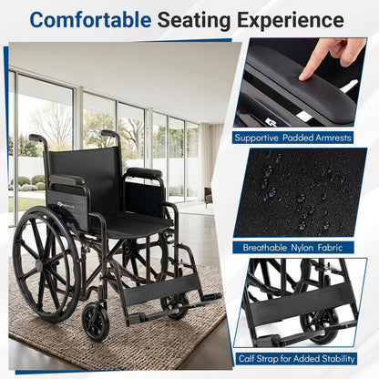 Fauteuil roulant pliant pour adultes, repose-pieds escamotable, noir