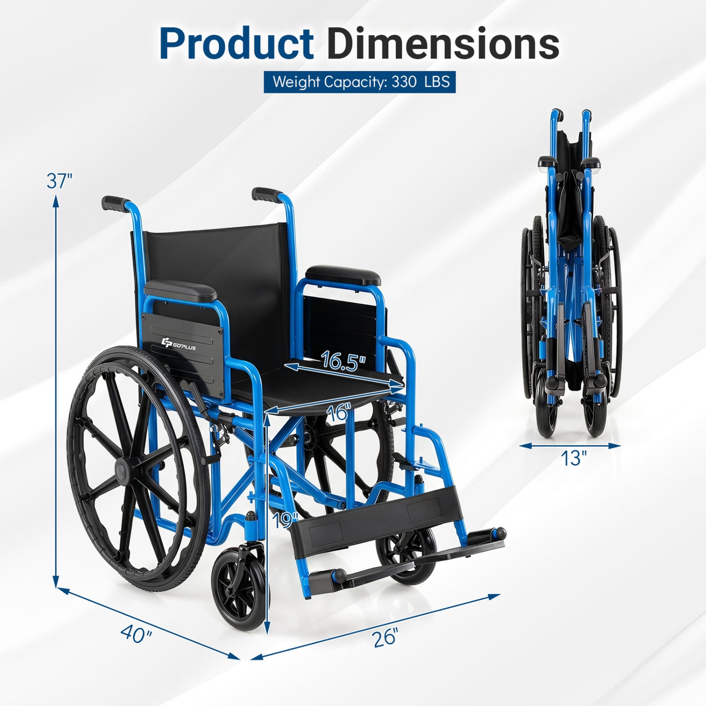 Fauteuil roulant pliant pour adultes avec repose-pieds escamotable, marine