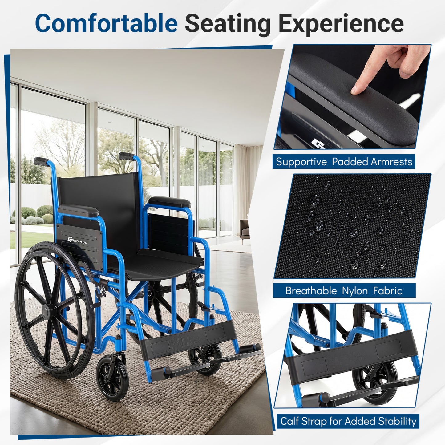 Fauteuil roulant pliant pour adultes avec repose-pieds escamotable, marine