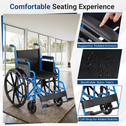 Fauteuil roulant pliant pour adultes avec repose-pieds escamotable, marine