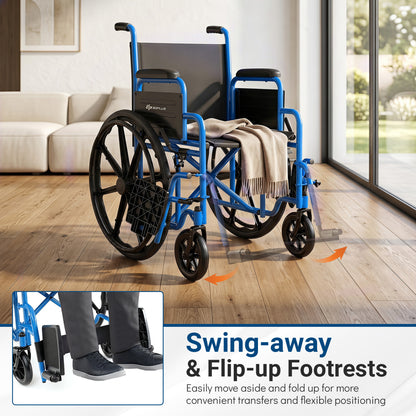 Fauteuil roulant pliant pour adultes avec repose-pieds escamotable, marine