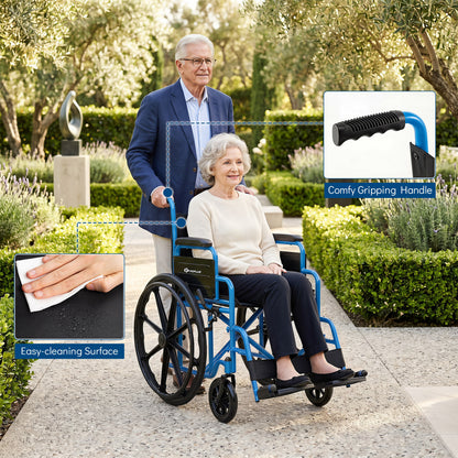 Fauteuil roulant pliant pour adultes avec repose-pieds escamotable, marine