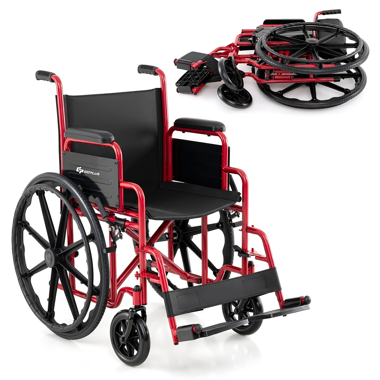 Fauteuil roulant pliant pour adultes, repose-pieds escamotable, rouge