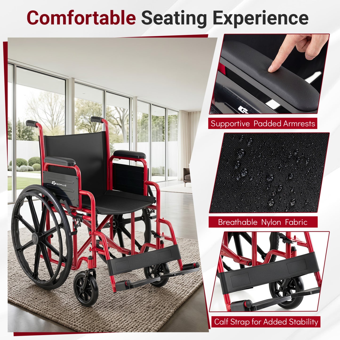 Fauteuil roulant pliant pour adultes, repose-pieds escamotable, rouge