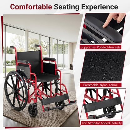 Fauteuil roulant pliant pour adultes, repose-pieds escamotable, rouge