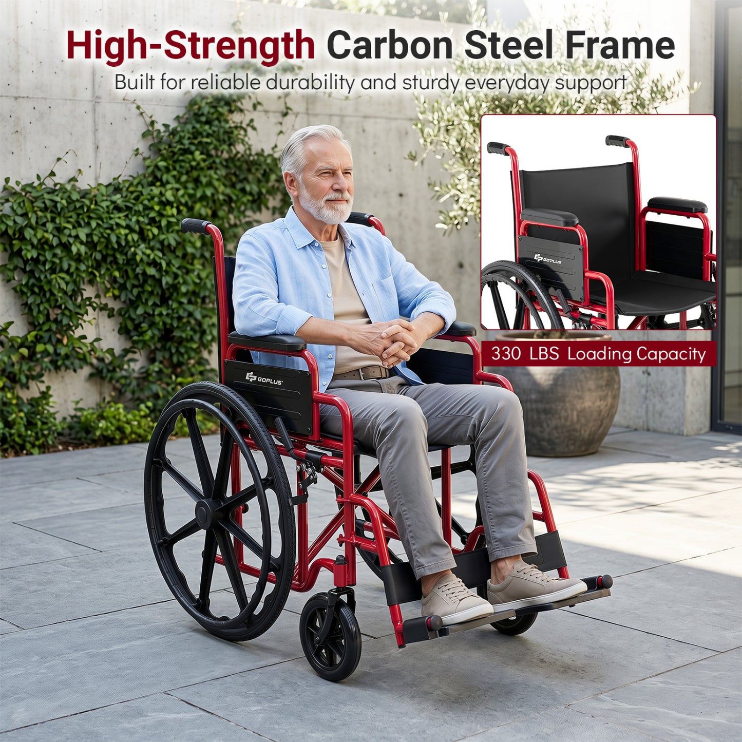 Fauteuil roulant pliant pour adultes, repose-pieds escamotable, rouge
