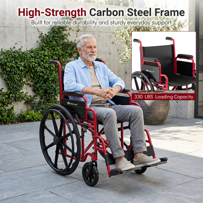 Fauteuil roulant pliant pour adultes, repose-pieds escamotable, rouge