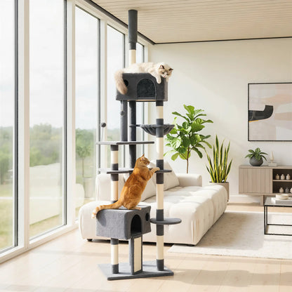 Floor To Ceiling Cat Tree, 230-250cm, 2 Condos, Hammock, Sisal Posts, Dark Grey
